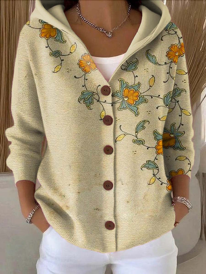 Women's patchwork hooded cardigan in multi-colour with button front, worn over white top