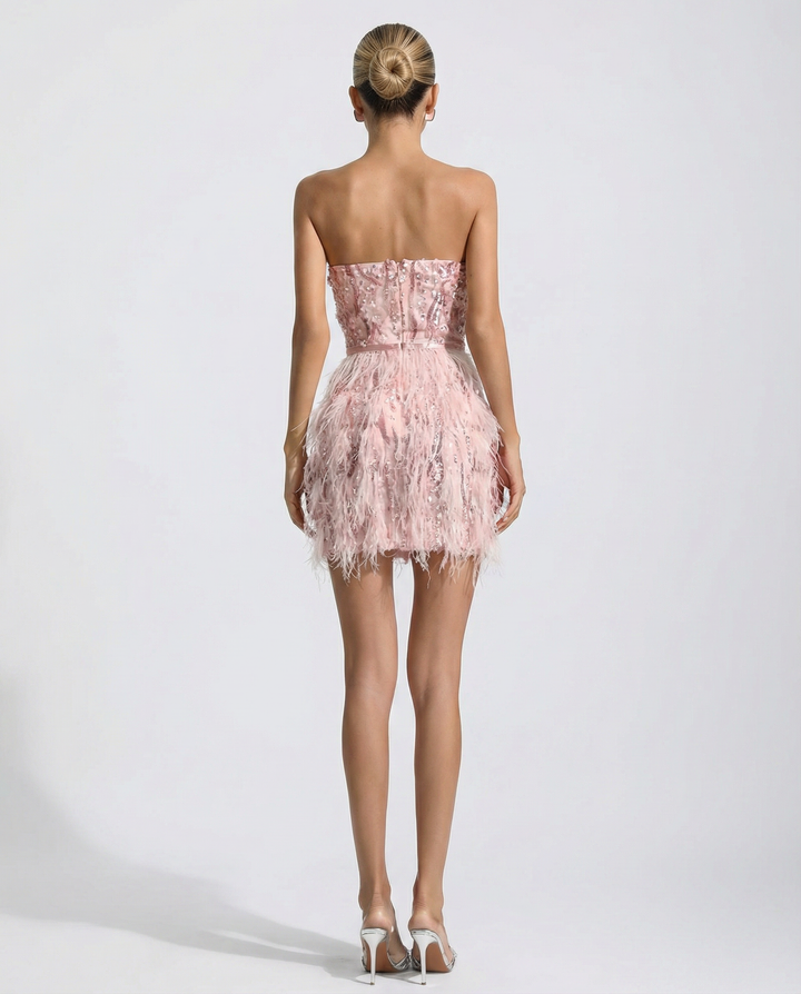 Demi | Strapless Mini Dress with Sequin Feather Detail