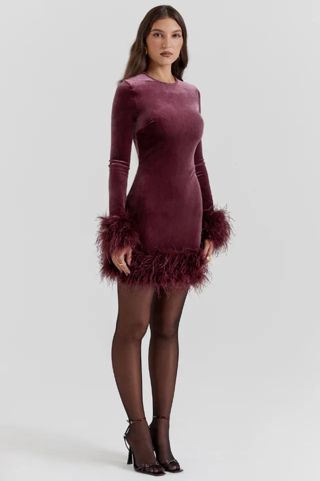 Delia | Velvet Mini Dress with Feather Trim