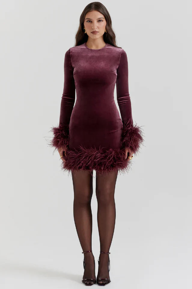 Delia | Velvet Mini Dress with Feather Trim