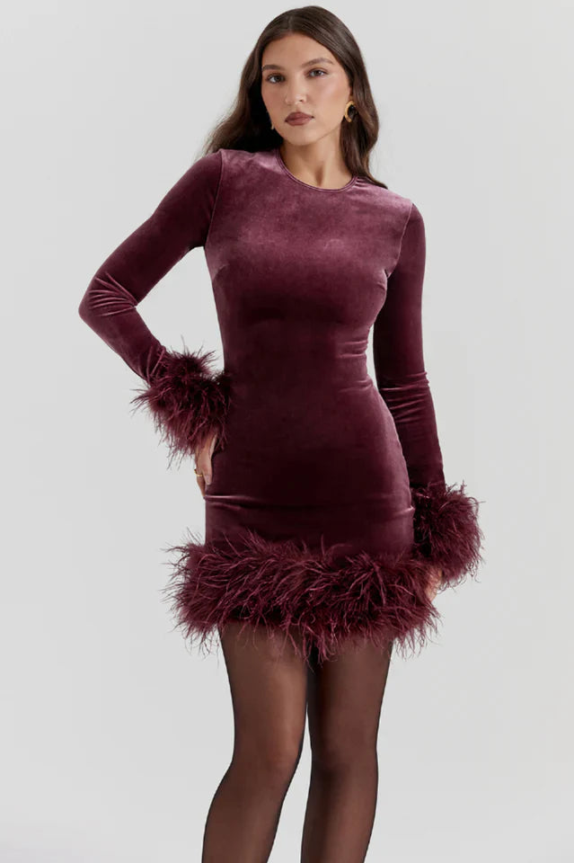 Delia | Velvet Mini Dress with Feather Trim