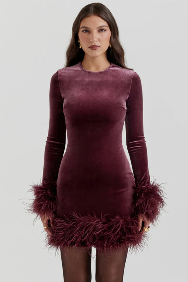 Delia | Velvet Mini Dress with Feather Trim