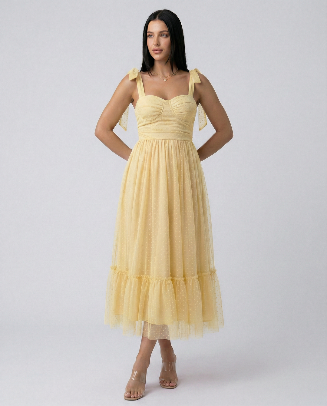 Daniela | Midi Tulle Dress with Tie Shoulder Straps
