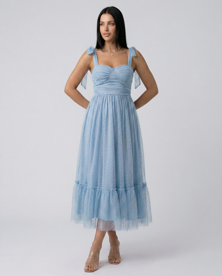 Daniela | Midi Tulle Dress with Tie Shoulder Straps