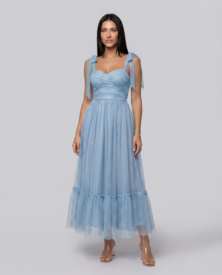 Daniela | Midi Tulle Dress with Tie Shoulder Straps