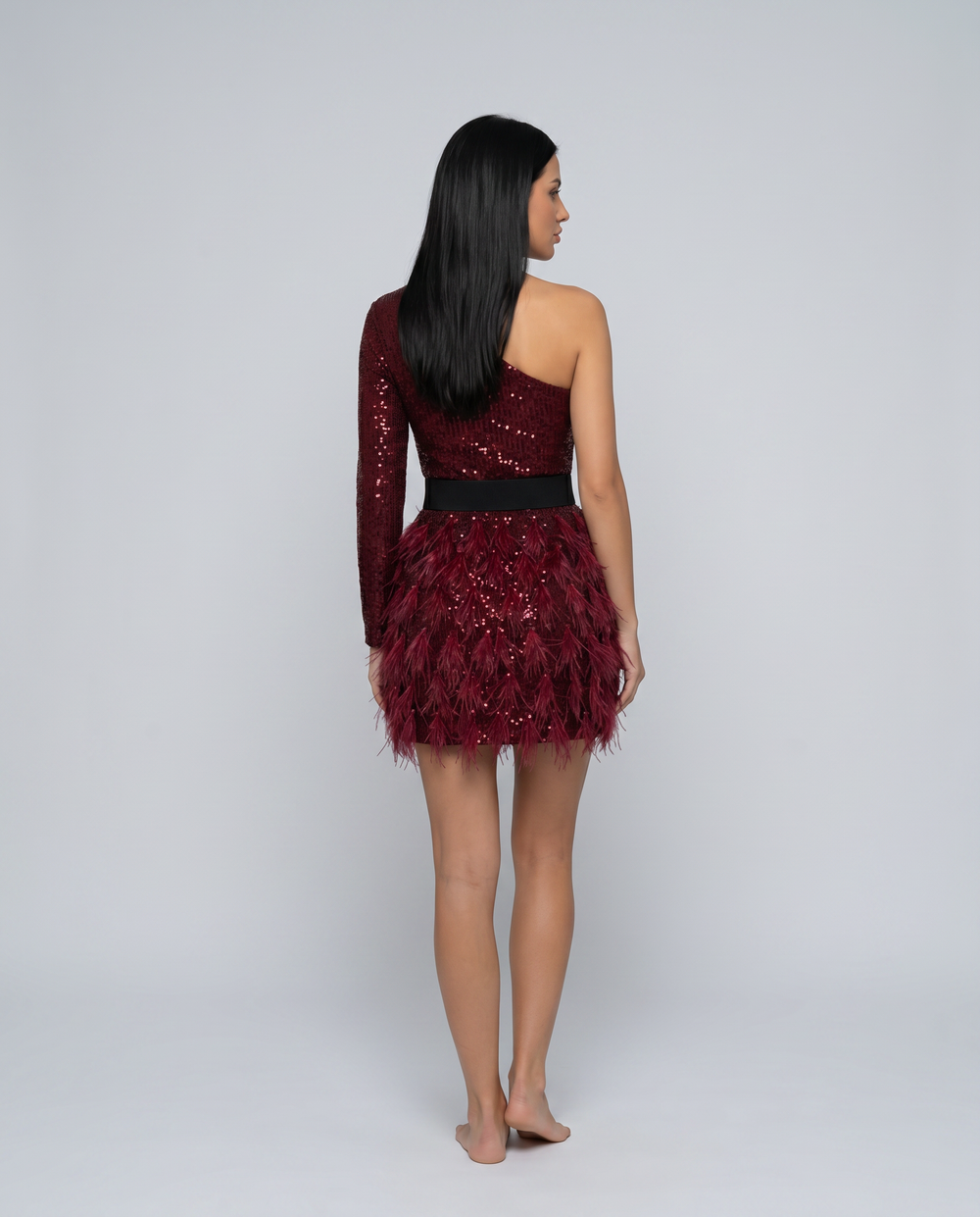 Dahlia | Mini Dress with One-Shoulder Sequin Bodice and Feather Skirt