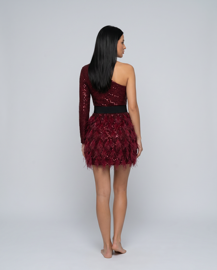 Dahlia | Mini Dress with One-Shoulder Sequin Bodice and Feather Skirt