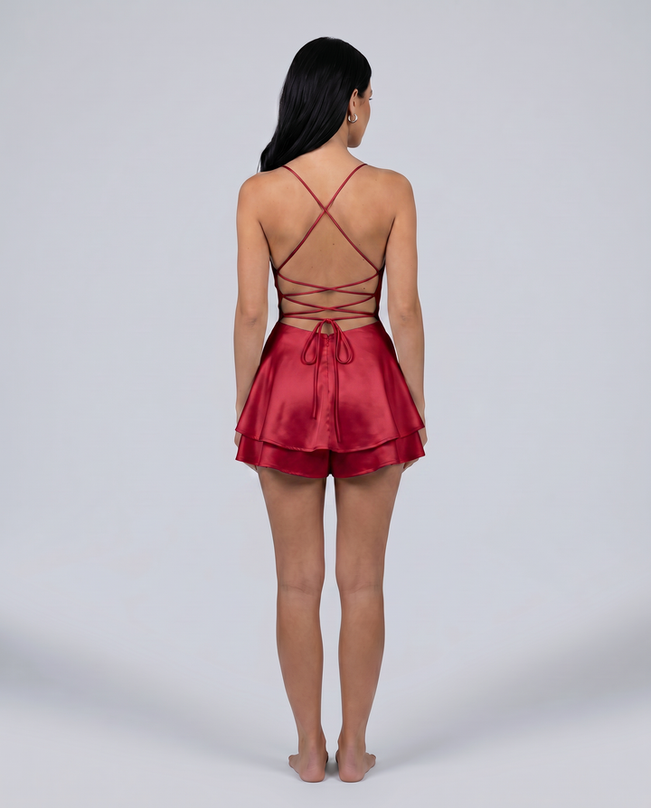 Coralie | Satin Playsuit with Open Back and Layered Shorts