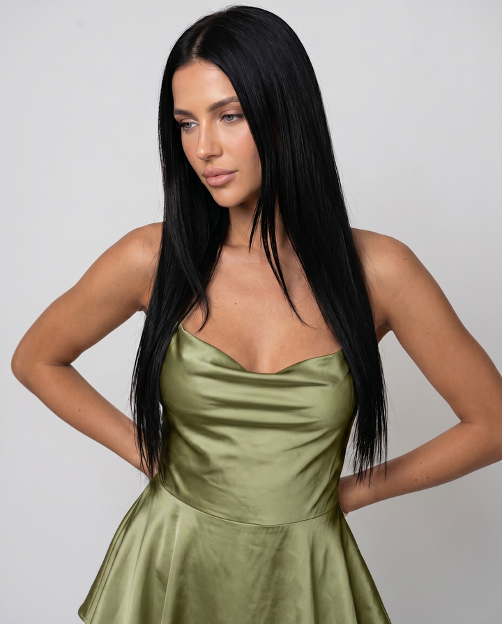 Coralie | Satin Playsuit with Open Back and Layered Shorts