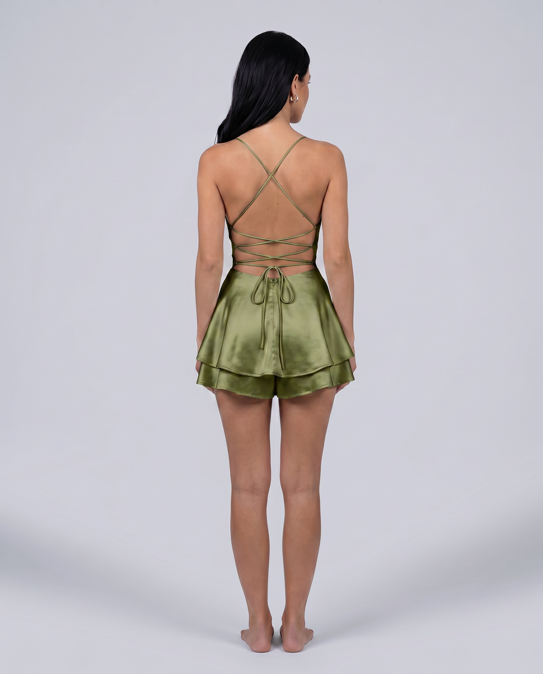 Coralie | Satin Playsuit with Open Back and Layered Shorts