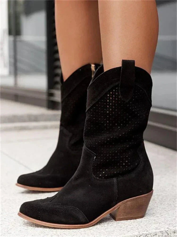 Women's Western Boots, Perforated Shaft and Block Heel