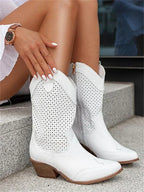 Women's Western Boots, Perforated Shaft and Block Heel