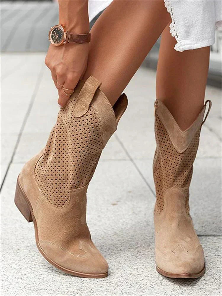 Women's Western Boots, Perforated Shaft and Block Heel