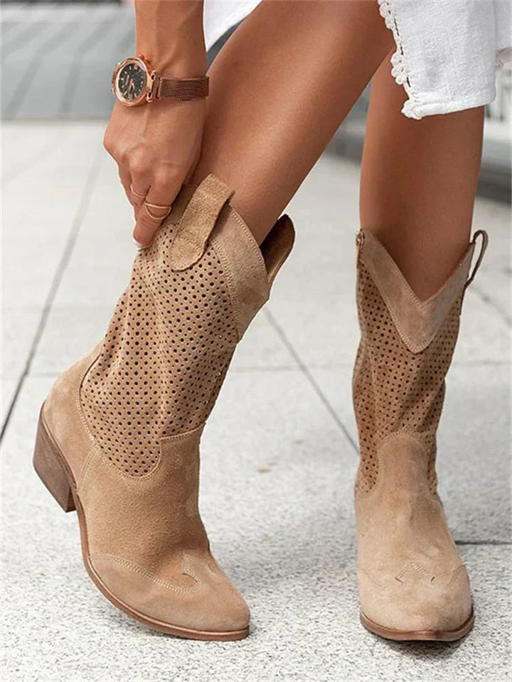 Women's Western Boots, Perforated Shaft and Block Heel