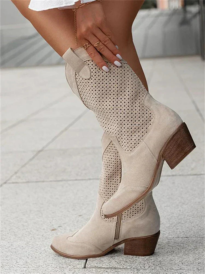 Women's Western Boots, Perforated Shaft and Block Heel