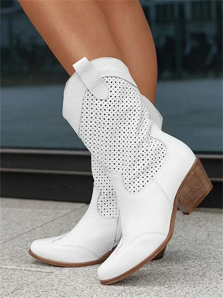 Women's Western Boots, Perforated Shaft and Block Heel