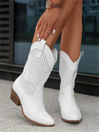 Women's Western Boots, Perforated Shaft and Block Heel