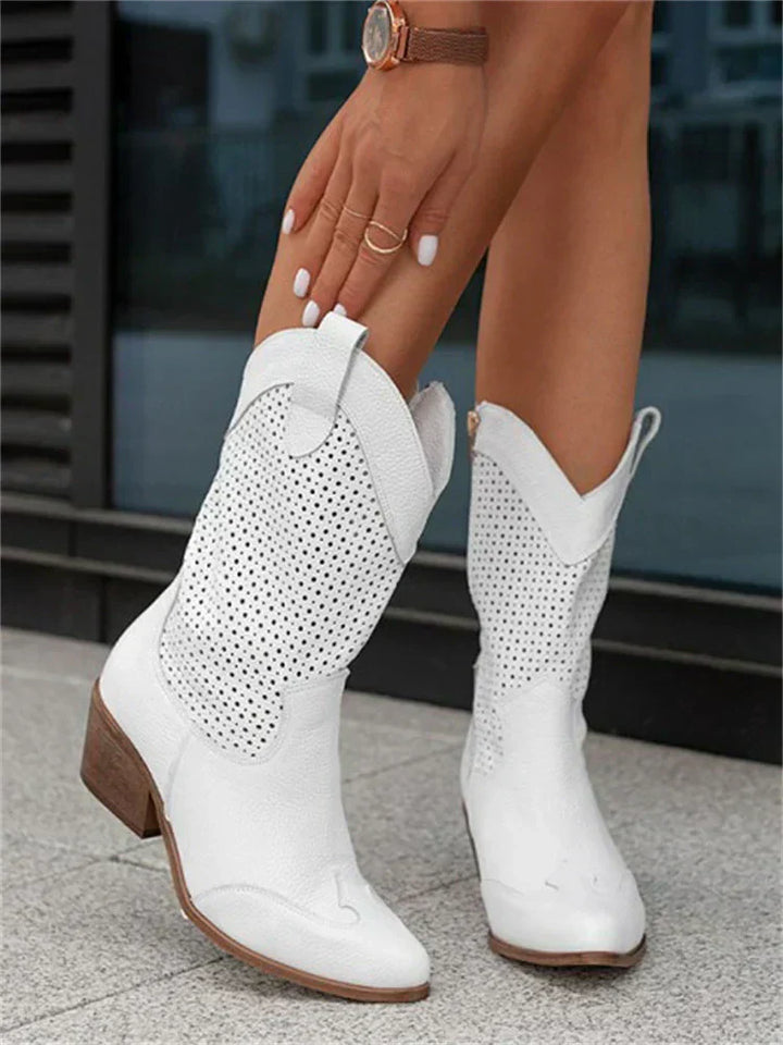 Women's Western Boots, Perforated Shaft and Block Heel