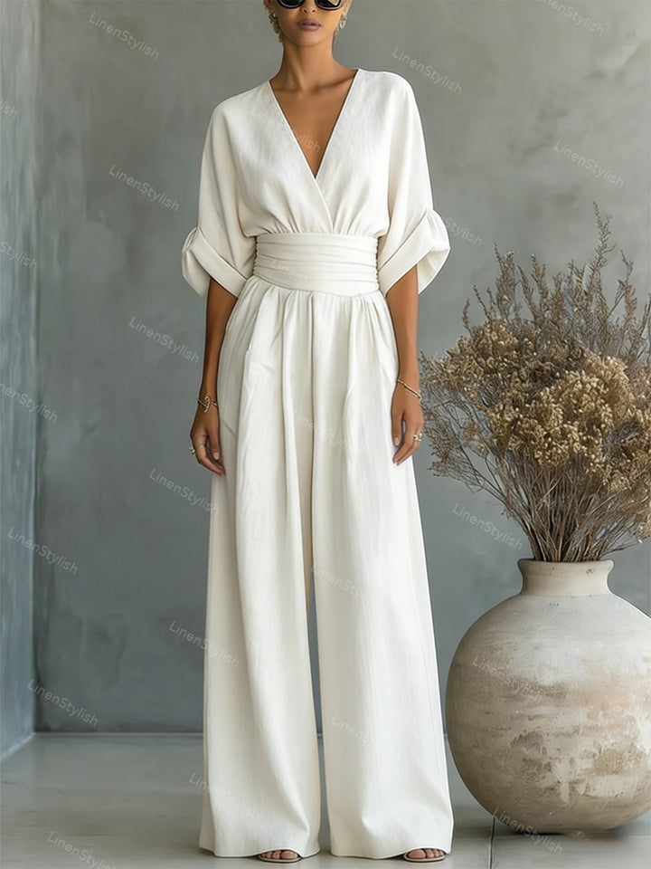 Women's Wrap V-Neck Wide-Leg Jumpsuit, Ruched Waist