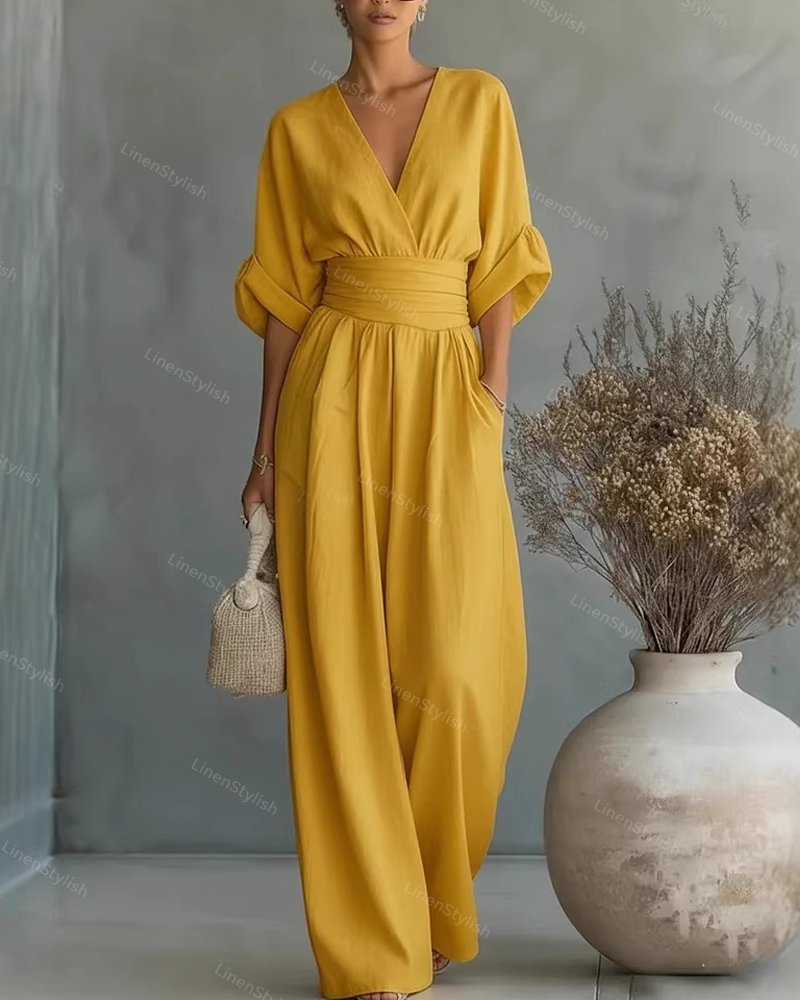 Women's Wrap V-Neck Wide-Leg Jumpsuit, Ruched Waist