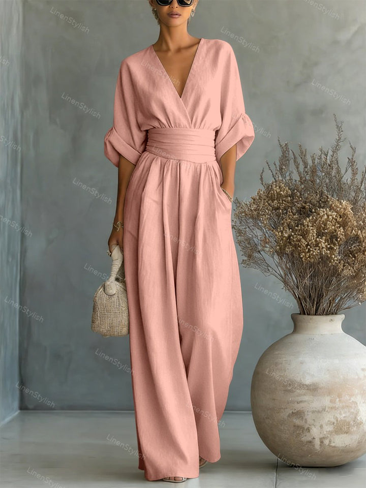 Women's Wrap V-Neck Wide-Leg Jumpsuit, Ruched Waist