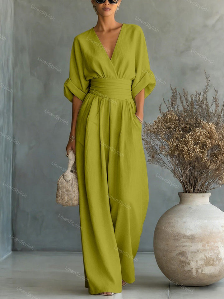Women's Wrap V-Neck Wide-Leg Jumpsuit, Ruched Waist