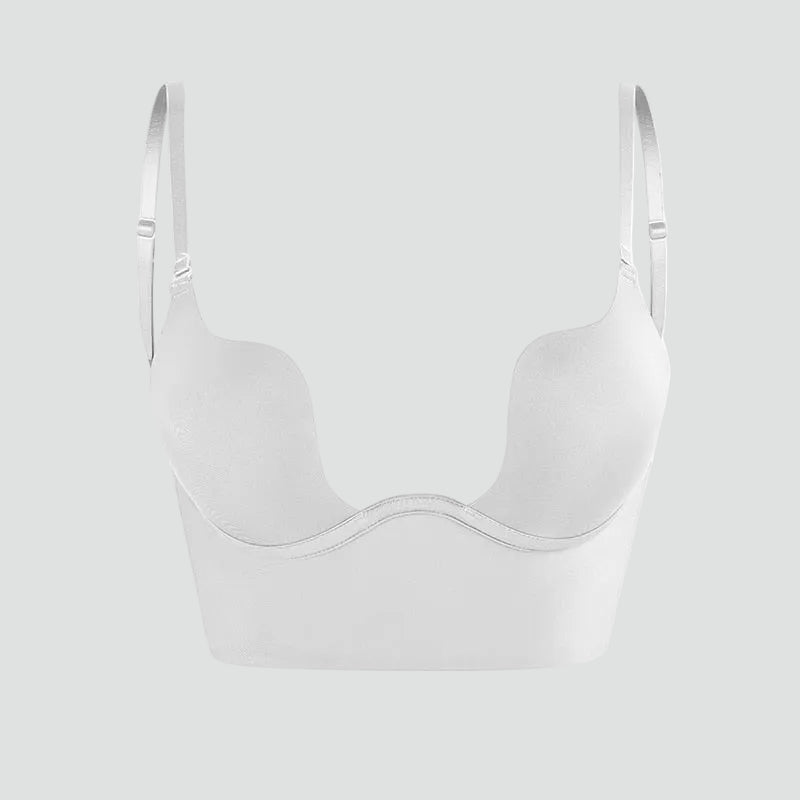 Women's beige and black push-up bras with backless design and adjustable straps, shown front and back views.