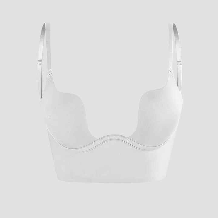 Women's beige and black push-up bras with backless design and adjustable straps, shown front and back views.