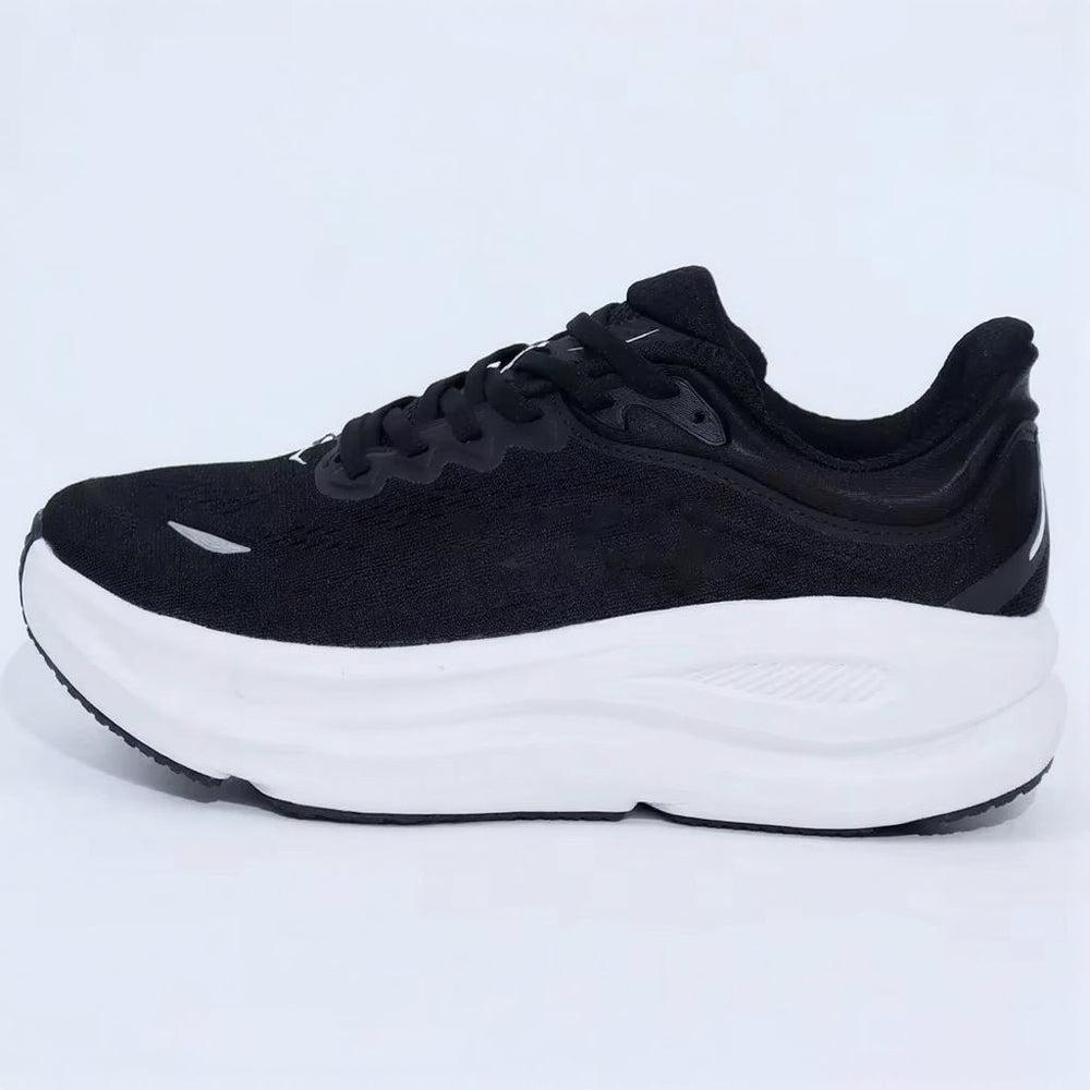 Unisex black lace-up running shoe with thick sculpted sole