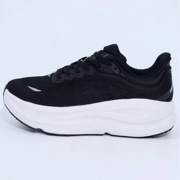 Unisex black lace-up running shoe with thick sculpted sole