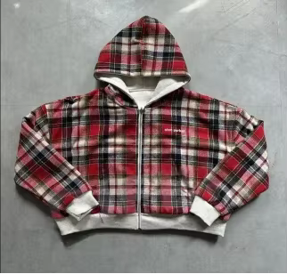 Hooded sweatshirt jacket with checked lining and front pockets