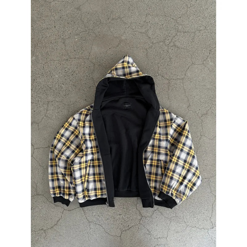 Hooded sweatshirt jacket with checked lining and front pockets