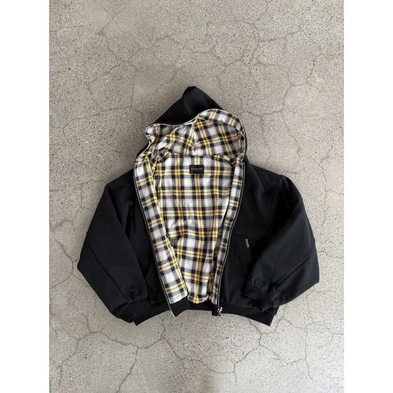 Hooded sweatshirt jacket with checked lining and front pockets