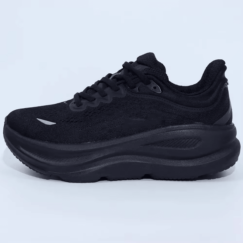 Unisex black lace-up running shoe with thick sculpted sole