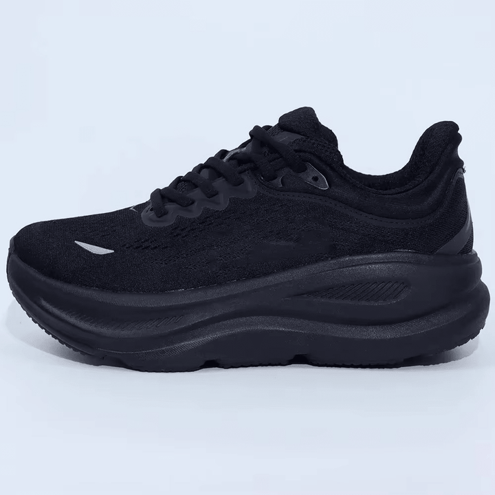 Unisex black lace-up running shoe with thick sculpted sole