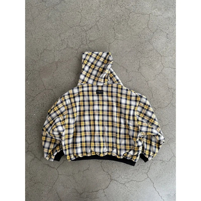 Hooded sweatshirt jacket with checked lining and front pockets