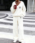 Women's fleece two-piece set with bow embroidery and wide-leg trousers