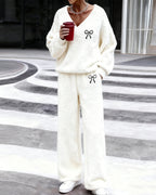 Women's fleece two-piece set with bow embroidery and wide-leg trousers
