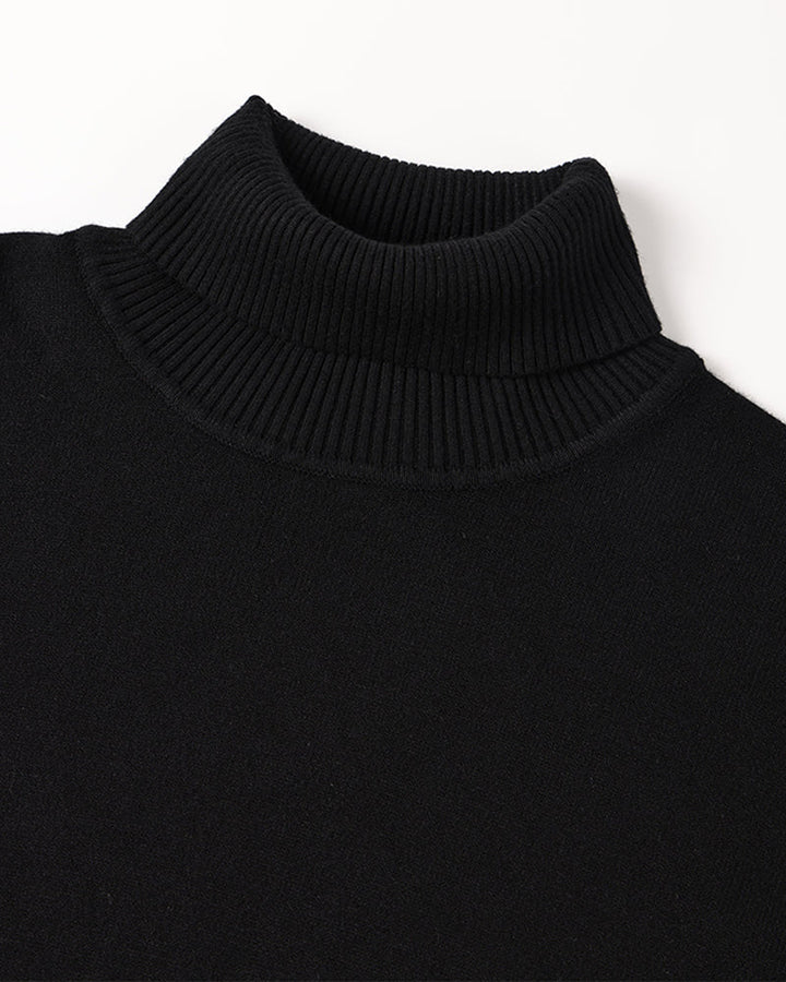 Men's fitted turtleneck knit sweater with long sleeves and ribbed cuffs