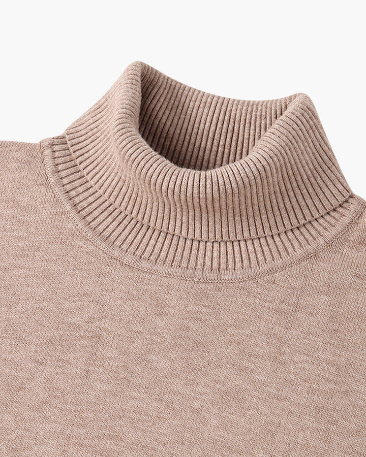 Men's fitted turtleneck knit sweater with long sleeves and ribbed cuffs