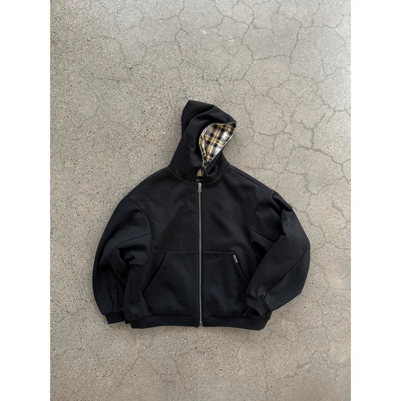 Hooded sweatshirt jacket with checked lining and front pockets