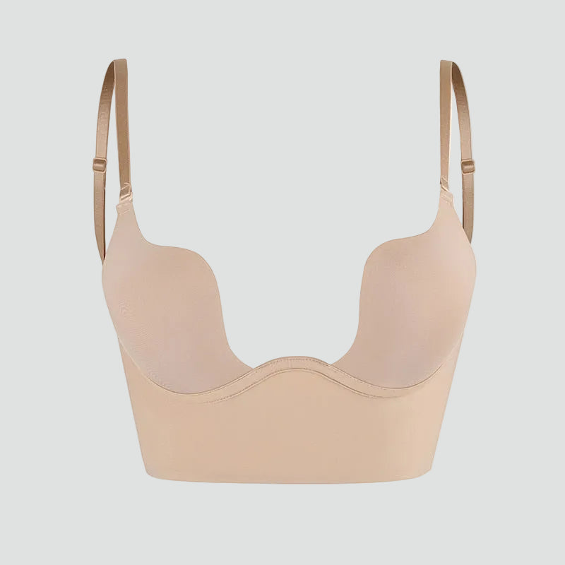 Women's beige and black push-up bras with backless design and adjustable straps, shown front and back views.