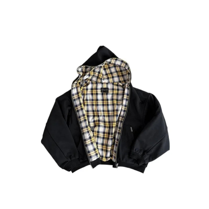 Hooded sweatshirt jacket with checked lining and front pockets