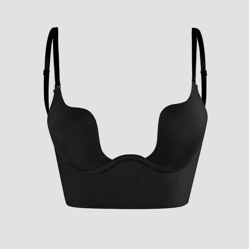 Women's beige and black push-up bras with backless design and adjustable straps, shown front and back views.