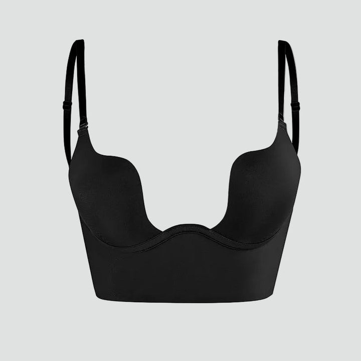 Women's beige and black push-up bras with backless design and adjustable straps, shown front and back views.
