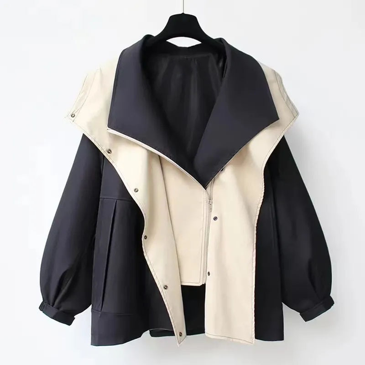 Women's lightweight windbreaker jacket with oversized colour-block collar and button front