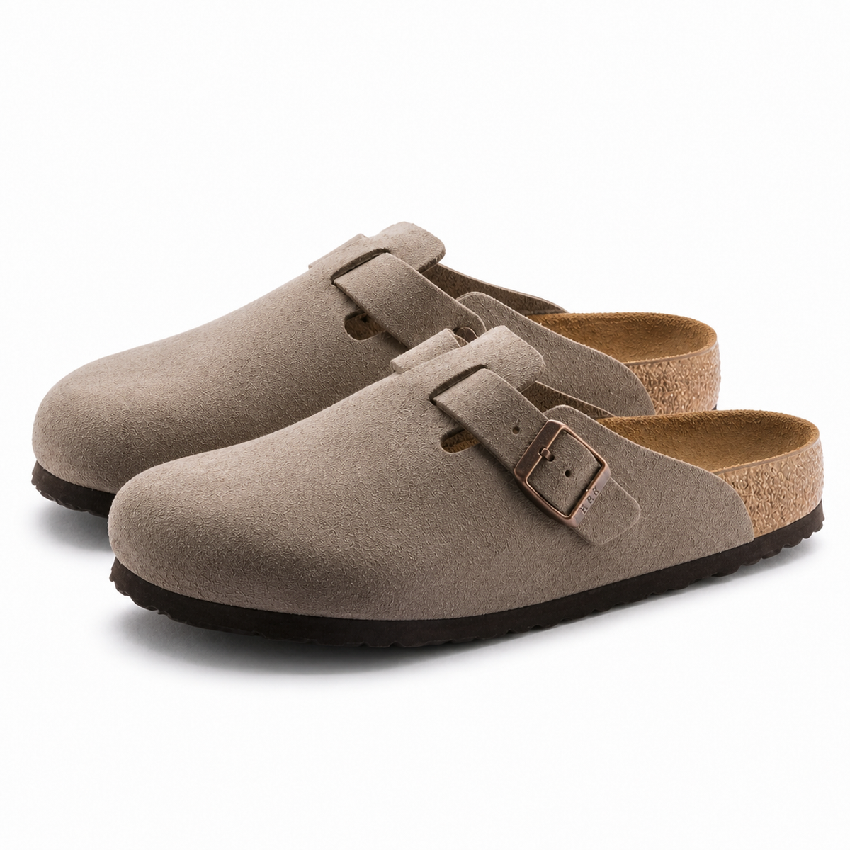 Unisex taupe clogs with buckle strap and contoured footbed