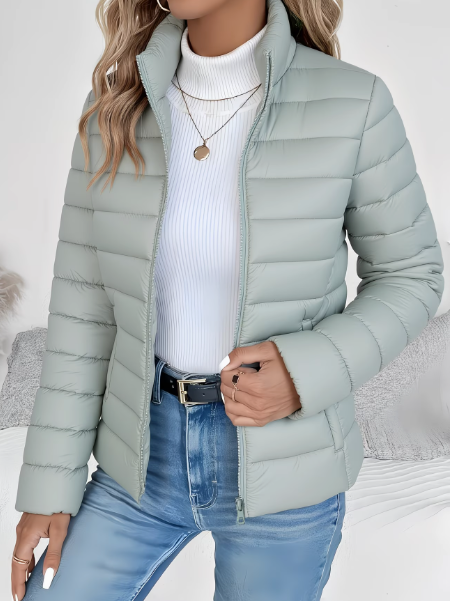 Women's quilted puffer jacket with high collar and front zipper