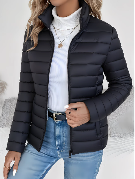 Women's quilted puffer jacket with high collar and front zipper