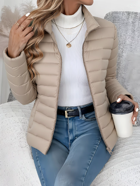 Women's quilted puffer jacket with high collar and front zipper